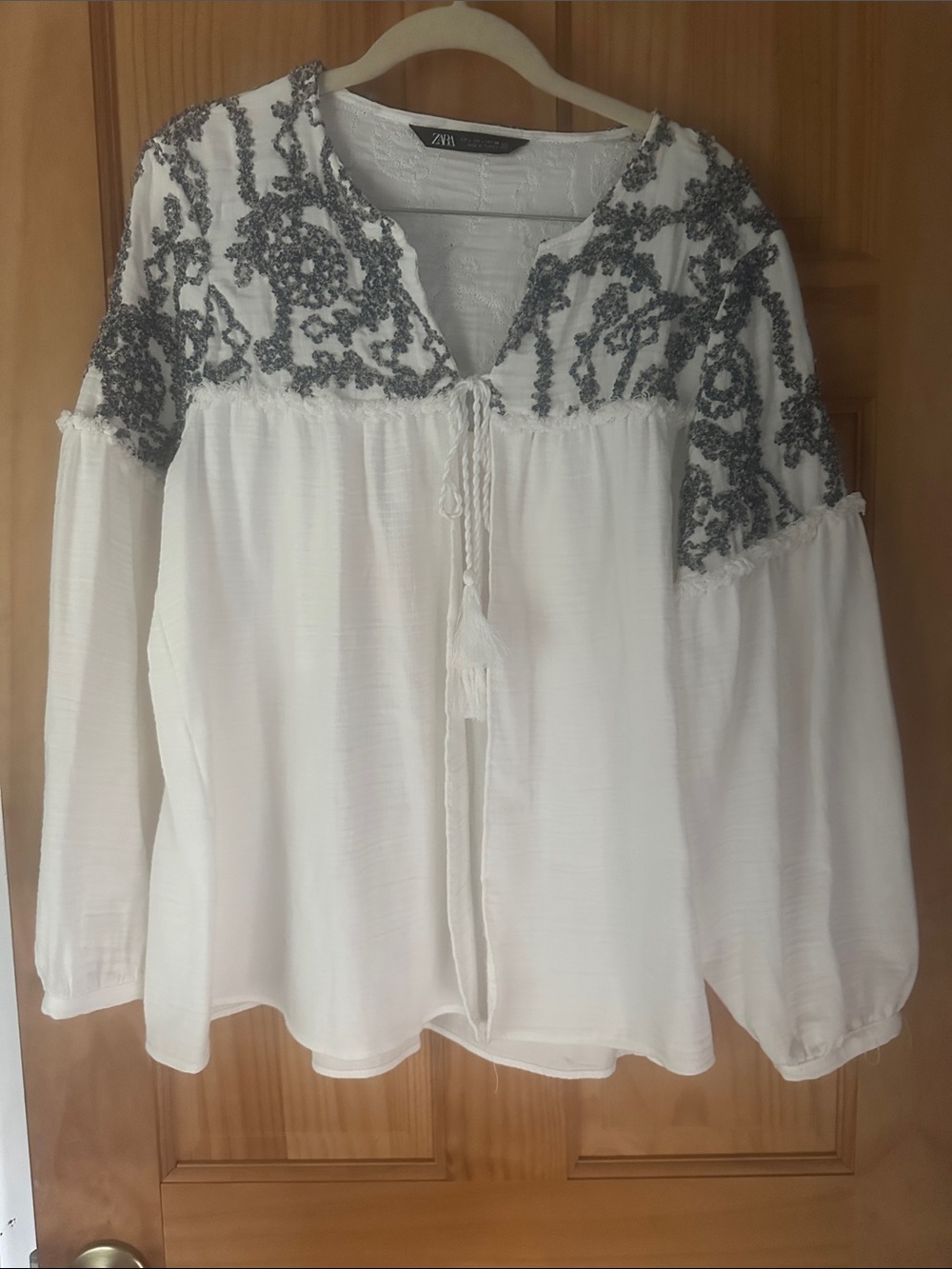 Zara White Blouse with Gray Embroidered Yoke